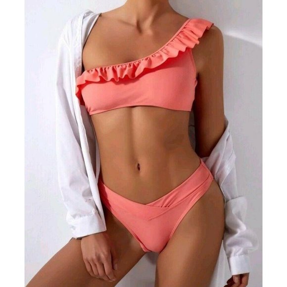SheIn Other - SHEIN Womens XL Pink Ruffle One Shoulder Bikini